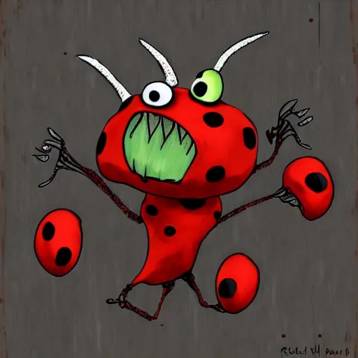 Prompt: ladybug as a monster, realsitic art style, scary atmosphere, nightmare - like dream