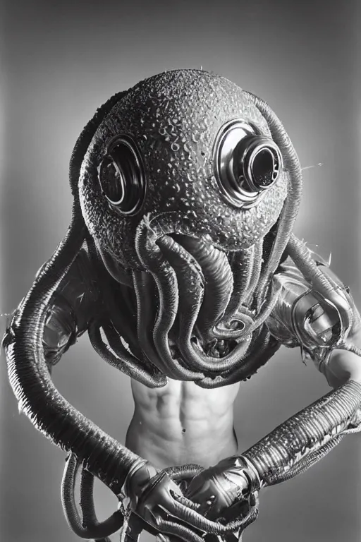 Image similar to extremely detailed studio portrait of space astronaut, alien tentacle protruding from eyes and mouth, slimy tentacle breaking through helmet visor, shattered visor, full body, soft light, disturbing, shocking realization, award winning photo by herb ritts