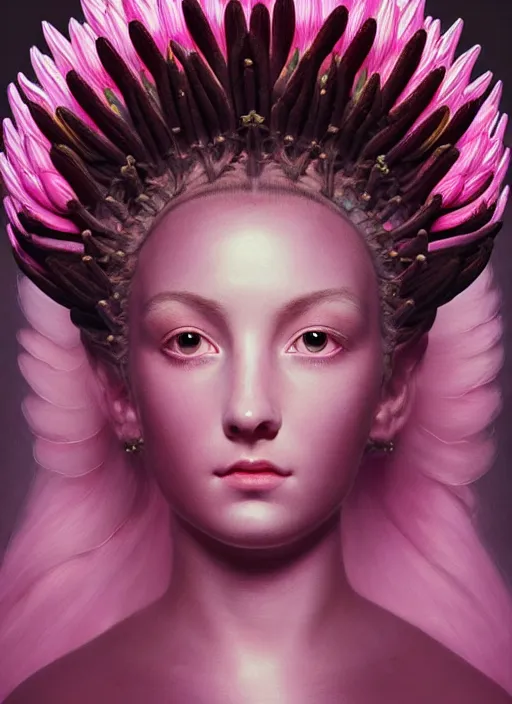 Image similar to stunning alien godess princess, detailed pink and white protea head peace against a black backdrop by ivan aivazovsky, 3 / 4 view portrait, wlop, super sharp details, photorealism, canon 5 d, 5 0 mm lens, stunning photoshot, beautiful soft lighting, muted colours, artstation