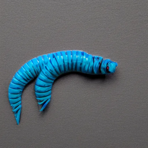 Image similar to studio photograph of a matte dark gray worm with a neon blue head and tail