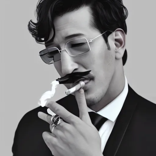 Image similar to a closeup photo of handsome gigachad markiplier smoking a cigar, 8k photorealism, extremly detailed, trending on artstation