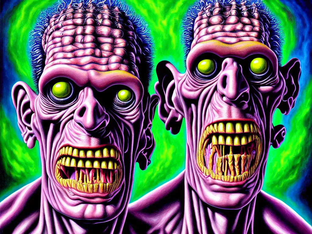 Prompt: a hyperrealistic painting of frankenstein monster head, radial symmetry, depth of field, lightning, cinematic cartoon horror by basil wolverton, lisa frank, joe coleman, kris kuksi, highly detailed, vivid color,