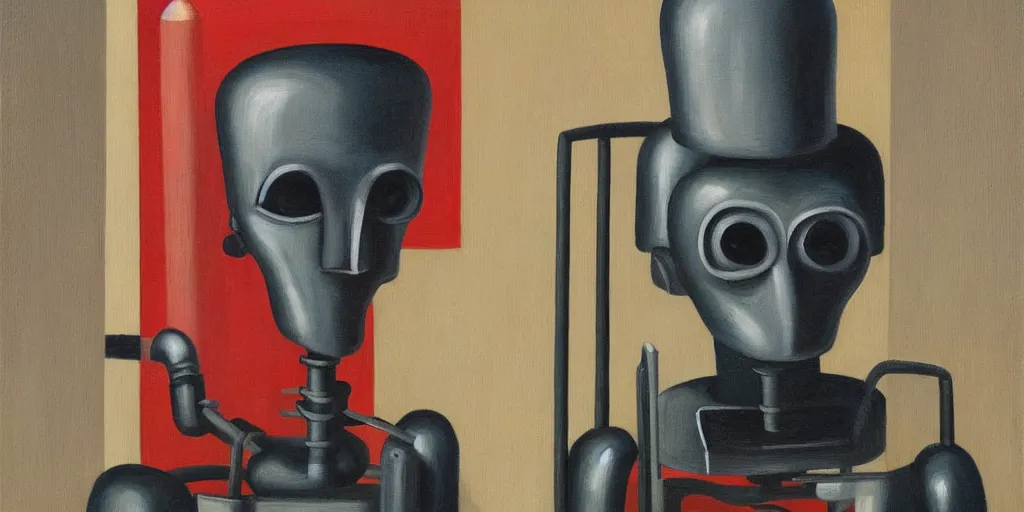 Image similar to evil mastermind robot portrait, grant wood, pj crook, edward hopper, oil on canvas