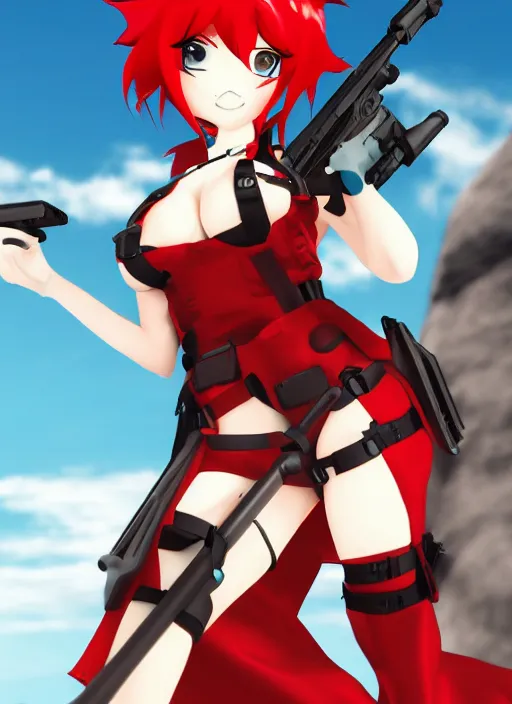 Image similar to Yoko Littner with red hair aiming a anti material rifle, anime manga, high resolution
