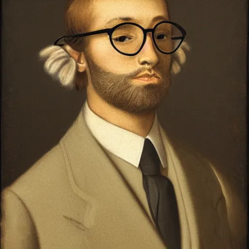 Prompt: a portrait of a male sheep, a gentleman, wearing a suit, a glasses,