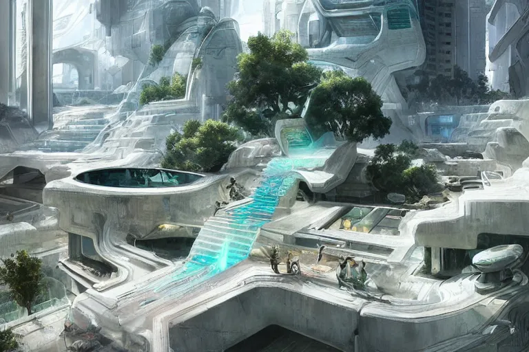 Prompt: futuristic cyberpunk city with lush garden at rgb Pamukkale, thermal waters flowing down white travertine terraces, intricate, elegant, luxurious, digital painting, concept art, smooth, sharp focus, from Star Trek 2021, illustration, by WLOP and Ruan Jia and Mandy Jurgens and William-Adolphe Bouguereau, Artgerm