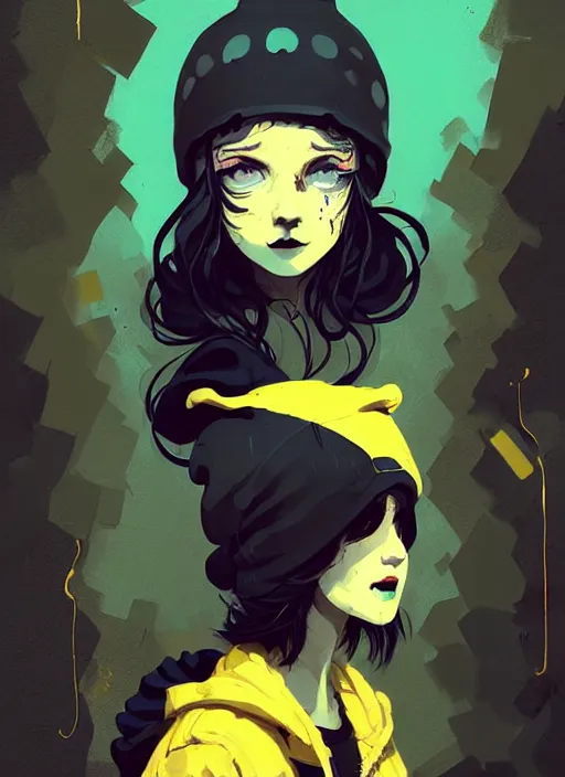 Prompt: highly detailed portrait of a sewerpunk student lady, blue eyes, hoody, beanie hat, black curly hair by atey ghailan, by joe fenton, by greg rutkowski, by greg tocchini, by kaethe butcher, gradient yellow, black, brown and cyan color scheme, grunge aesthetic!!! ( ( dystopian graffiti tag wall background ) )