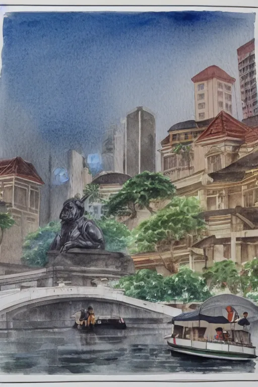 Prompt: a watercolor depicting singapore river boat quay with statue of raffles, gloomy weather, high contrast, smooth, by joseph zbikowicz, 8 k