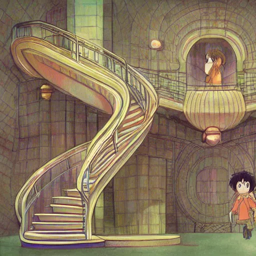 Image similar to a kaleidoscope staircase by Studio ghibli, Kentaro Miura, Hiromu Arakawa, Koyoharu Gotouge, Takeshi obata, concept art, golden ratio