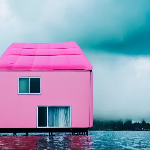 Image similar to a 5 0 mm lens photograph of a cute pink floating modern house, floating in the air between clouds, inspired by the movie up, held up from above by heart ballons. mist, playful composition canon, nikon, award winning, photo of the year