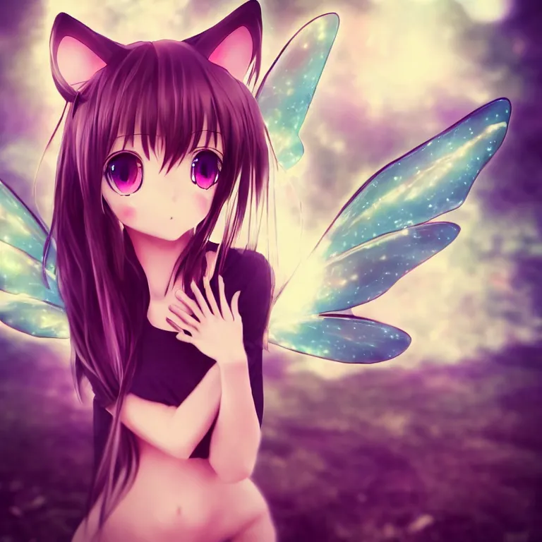 Image similar to cute, full body, female, anime style, a cat girl with fairy wings, large eyes, beautiful lighting, sharp focus, simple background, creative, heart effects, filters applied