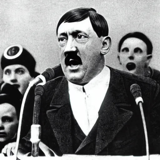 Image similar to adolf hitler speaking to a room full of the minions from despicable me