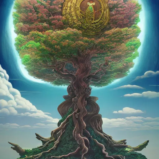 Image similar to yggdrasil the tree of life, avatar the last airbender, Alex Grey, Studio Ghibli, mobius, k pop, featured on artstation