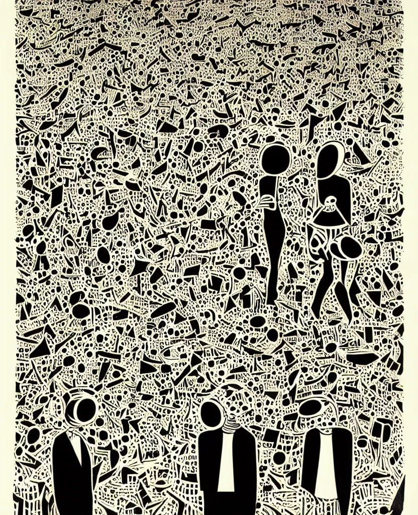 Image similar to two people standing next to each other, a screenprint by michael deforge, featured on pixiv, orphism, concert poster, woodcut, poster art