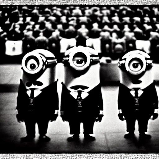 Image similar to The minions minions minions at the Nuremberg trials, monochrome, very low contrast, noise