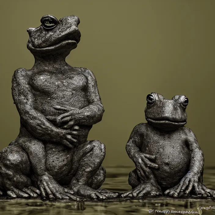 Prompt: toad philosopher The Thinker, swamp, by Auguste Rodin, symmetric, by Irving Penn, bokeh , top cinematic lighting , cinematic mood, very detailed, shot in canon, 8k ,