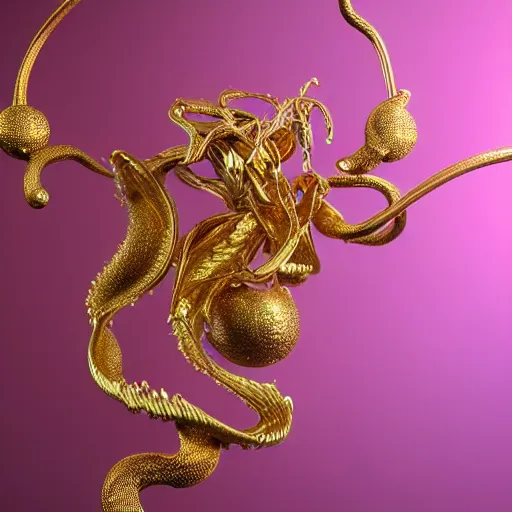 Image similar to gold jewellery with filigree faberge orchid betta whiplash forest liquid lightshow twisted organic natural forms designed by giger, golden, studio lit, 4 k, octane render