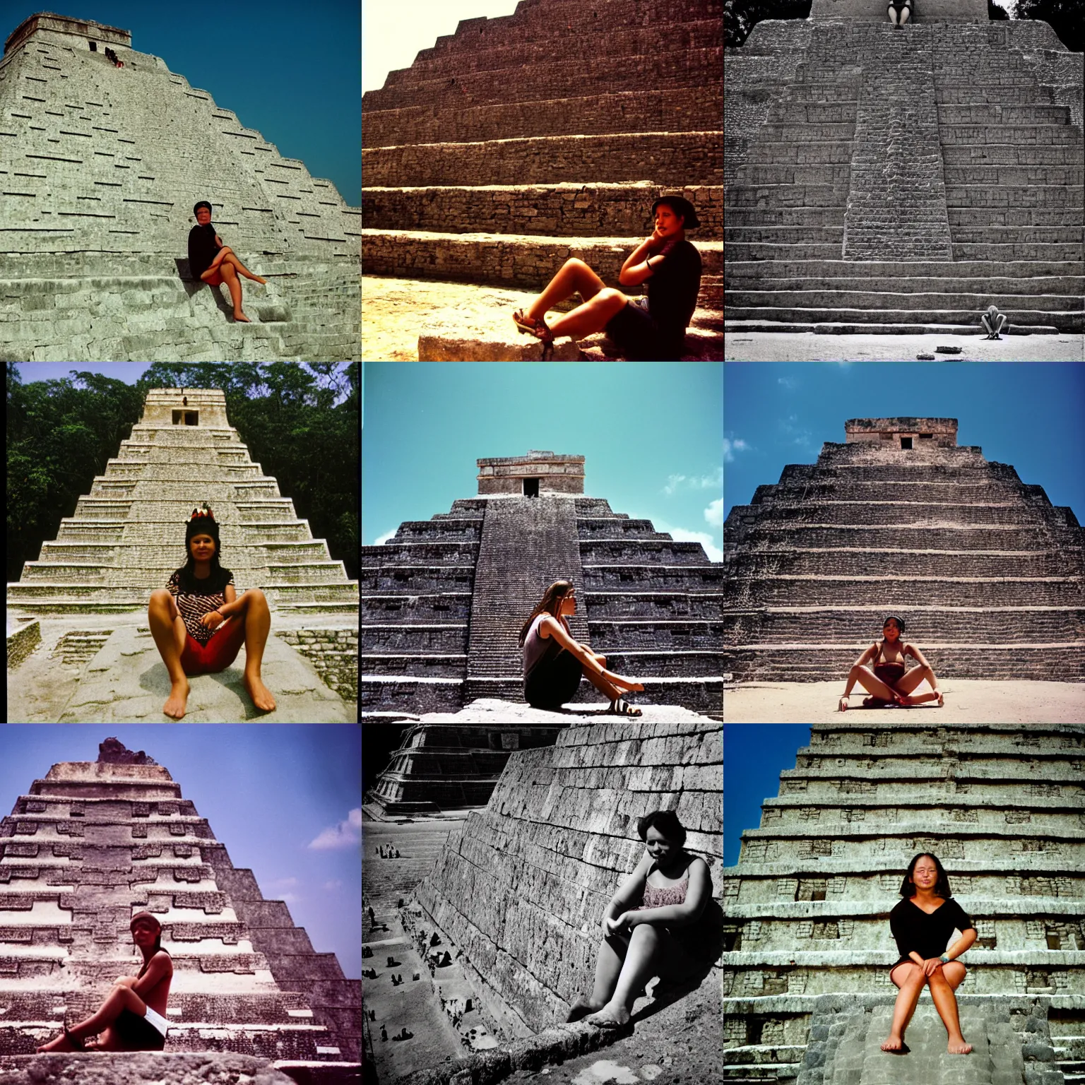 Prompt: a woman sitting on top of a mayan pyramid with her legs crossed, a photo by victorine foot, tumblr, rasquache, photo, provia, deviantart