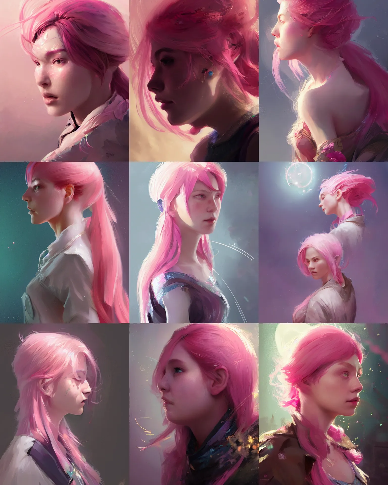 Prompt: portrait of an innocent lost woman with pink hair, magic uniform, fantasy, intricate, sharp focus, lens flare, bloom, rim light, illustration, highly detailed, digital painting, concept art, matte, art by ruan jia. 3 / 4 side view