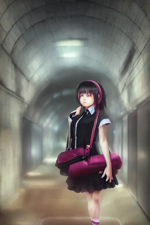 Prompt: 3d dark infrared octane render portrait of beauty anime schoolgirl falling under dark japan subway, black medical mask, cute face, dramatic light, trending on artstation, 3d art by hayao miyazaki oil painting, vivid colors
