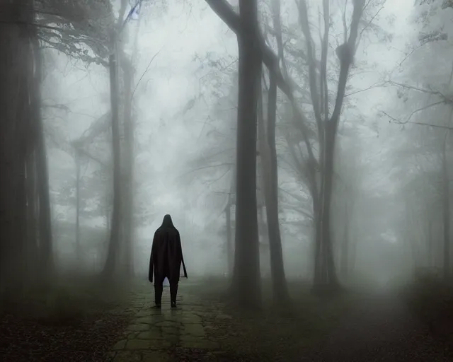 Prompt: a wide shot of a cloaked adventurer walking down a path in foggy, ghostly woods. Dangerous, cloudy, mysterious, ominous, threatening, adventurous, ghostly. By Makoto Shinkai, Stanley Artgerm Lau, WLOP, Rossdraws, James Jean, Andrei Riabovitchev, Marc Simonetti, krenz cushart, Sakimichan, trending on ArtStation, digital art.