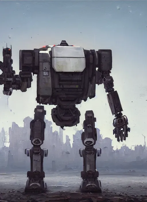 Image similar to an intricate oil painting of a giant pristine white android jagged mech robot with rounded components and tarpaulin cloak by simon stalenhag, inspired by nier : automata, clean white lab background