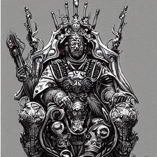 Image similar to pencil illustration. the emperor on his golden throne. 4 0 k. body horror.