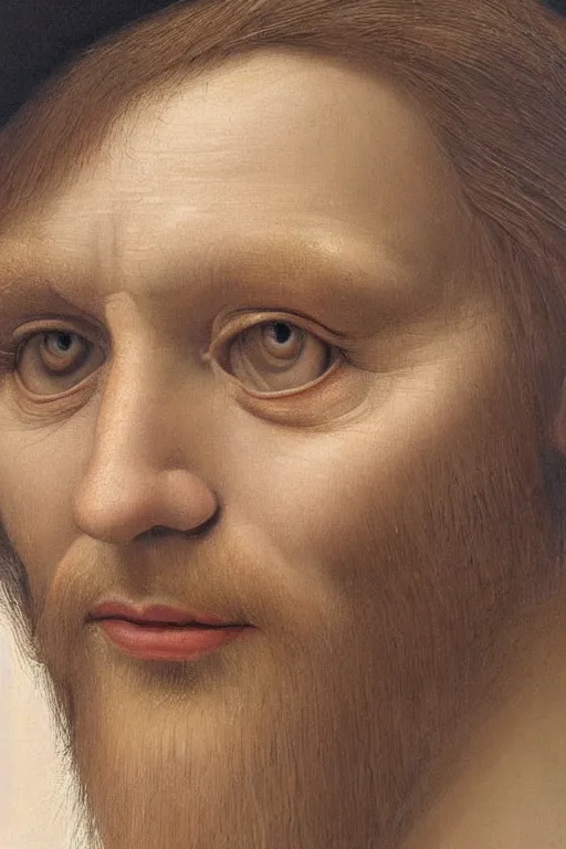 Image similar to hyperrealism close-up portrait Face is half old and half young in style of da Vinci