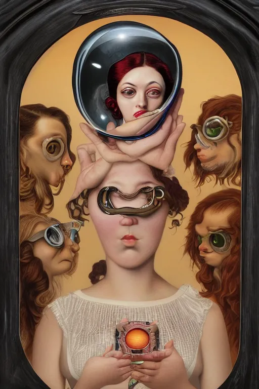 Prompt: a woman wearing a n oculus through her head to catch a trash Mark Ryden and Alex Gross, Todd Schorr highly detailed