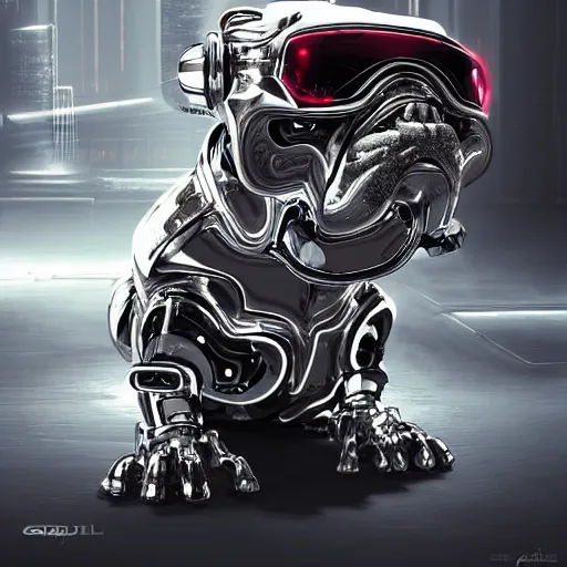 Image similar to « a cyborg bulldog sitting down, cyberpunk art by grillo demo, cgsociety, computer art, future tech, made of liquid metal, sketchfab »