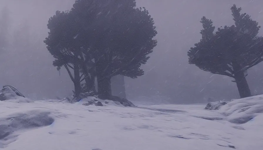 Image similar to Unreal Engine Survival Game in a blizzard, Heavy Thick snow, Fog and Mist, Beautiful dark Landscape, Distant Lights, Hyperrealistic, Hyperdetailed, Concept Art