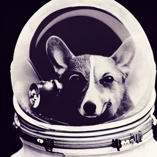 Prompt: daguerrotype of a corgi astronaut on the moon, award - winning photograph, vintage, stunning