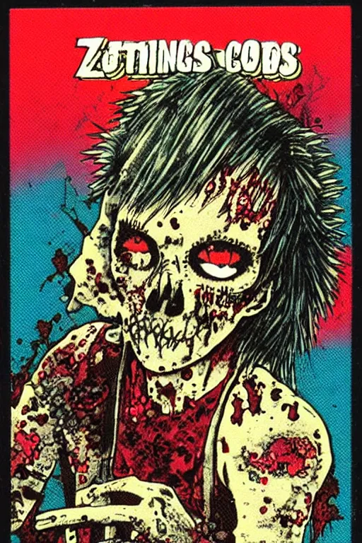 Image similar to topps collectible card, punkrock zombie, vintage, 1980s