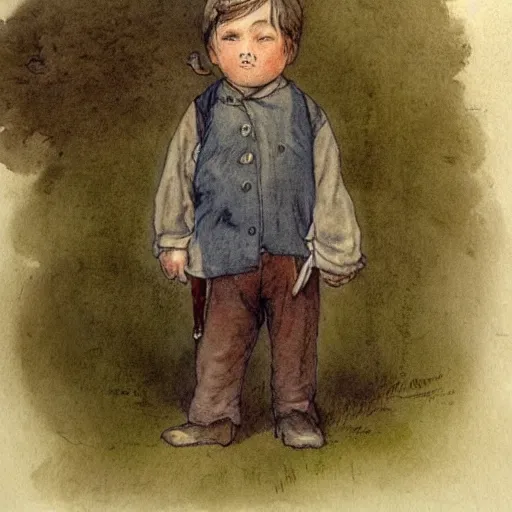 Image similar to portrait of a child standing and facing front looking strait ahead a muted color watercolor sketch of story book character ifrom the book Baltimore & Redingote by Jean-Baptiste Monge of an old man in the style of by Jean-Baptiste Monge that looks like its by Jean-Baptiste Monge and refencing Jean-Baptiste Monge