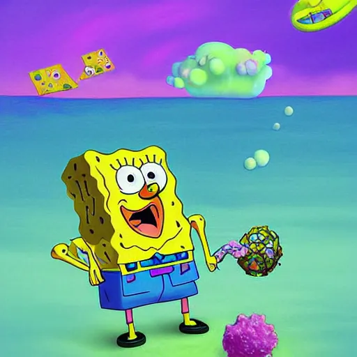 Image similar to spongebob squarepants under weed shaped clouds, digital art, amazing detail, by Alexis Franklin