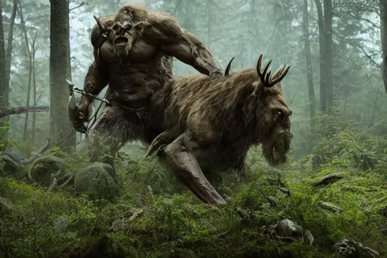 Image similar to vfx movie closeup detailed ancient warrior orc hunting elk in the forest, natural lighting by emmanuel lubezki