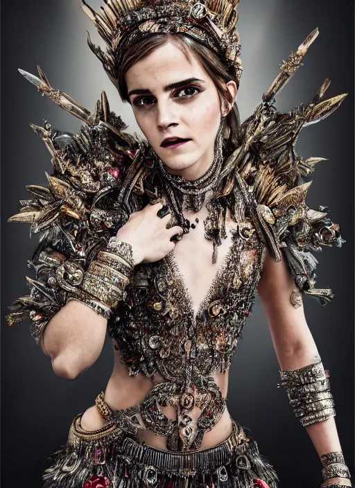 Image similar to expressive full body photo of a emma watson, ornate headpiece made from knives, ornaments, glamour shot, by karol bak, by stefan gesell, photorealistic, canon r 3, fashion photography, hyper maximalist, elegant, ornate, luxury, elite, environmental portrait, symmetrical features, octane render, unreal engine, solid dark grey background, dramatic lights