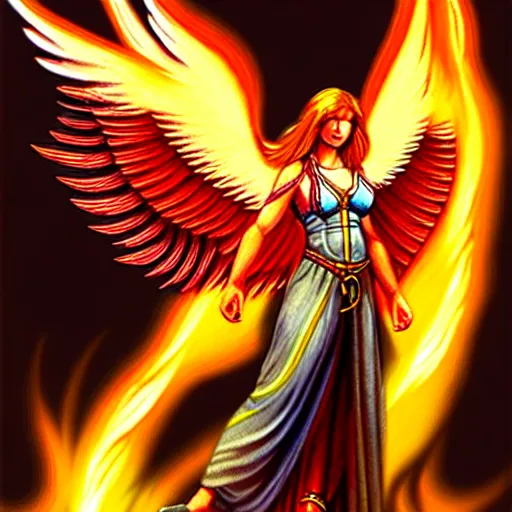 Image similar to flying fiery angelic six-winged warrior, fantasy art