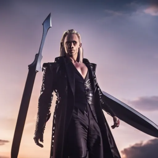 Image similar to Tom Hiddleston as Sephiroth, still from blockbuster movie, epic lighting, 4k, light film grain