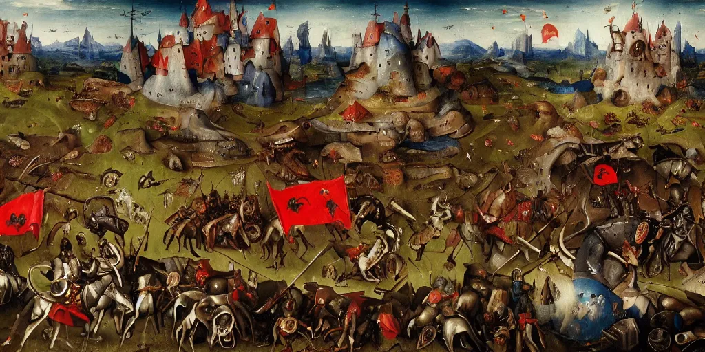 Image similar to heroes of might and magic gameplay in style of hieronymus bosch paintings, painting, gameplay, high detailed, dark fantasy, dark tones, buildings, armored units, red flags, cavalry, rpg, high detailed, contrast, octane render, mill, farm, creative