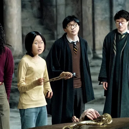 Prompt: harry potter using crucio on voldemort while ginny and cho chang applaud and ron cries