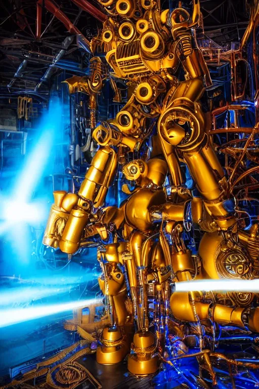 Image similar to portrait photo of a giant huge golden and blue metal humanoid steampunk robot with a huge foammachine shooting foam, with gears and tubes, eyes are glowing red lightbulbs, shiny crisp finish, 3 d render, 8 k, insaneley detailed, fluorescent colors, background is multicolored lasershow