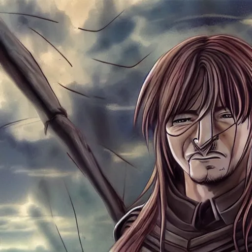 Image similar to boromir in an anime world, incredibly detailed, ultra realistic