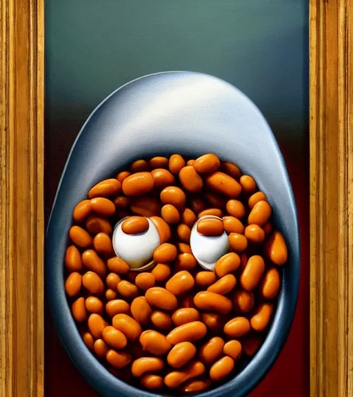 Image similar to mr beans face in a bowl baked beans, surrealist oil painting, highly detailed