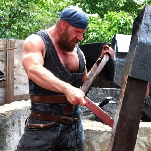 Image similar to triple h as blacksmith make his hammer