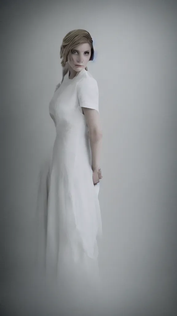 Image similar to emily skinner cosplaying annie leonhart wearing heels and wearing elegant white dress in a white room looking up, beautiful face, pale skin, rule of thirds, cinematic lighting, rainy weather, melancholy atmosphere, sharp focus, backlit, stunning, smooth, hard focus, full body shot, studio photo, shot on sony a 7 iii, hyper realistic,