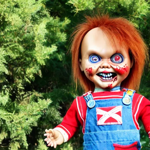 Image similar to Chucky the killer doll standing in the yard