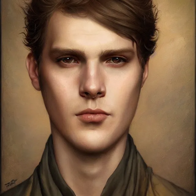 Image similar to a portrait of a content young man with short brown hair, art by tom bagshaw and manuel sanjulian