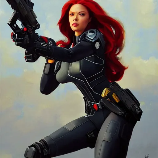 Prompt: greg manchess portrait painting of armored natasha romanova aka black widow as overwatch character, medium shot, asymmetrical, profile picture, organic painting, sunny day, matte painting, bold shapes, hard edges, street art, trending on artstation, by huang guangjian and gil elvgren and sachin teng