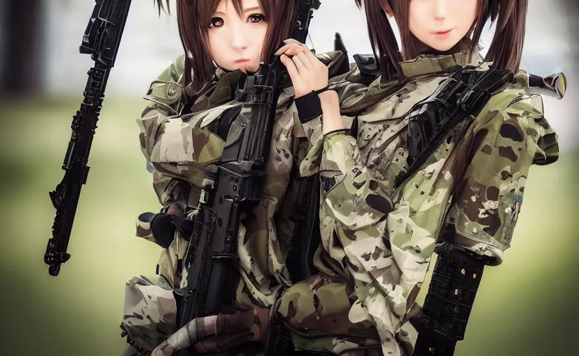 Image similar to portrait photo, highly detailed, high resolution, cosplay photo, stunning, girls frontline style, bokeh soft, 100mm, trending on instagram, by professional photographer, realistic human anatomy, real human faces, realistic military carrier, soldier clothing, modern warfare, realistic ak47, shot with a canon, low saturation